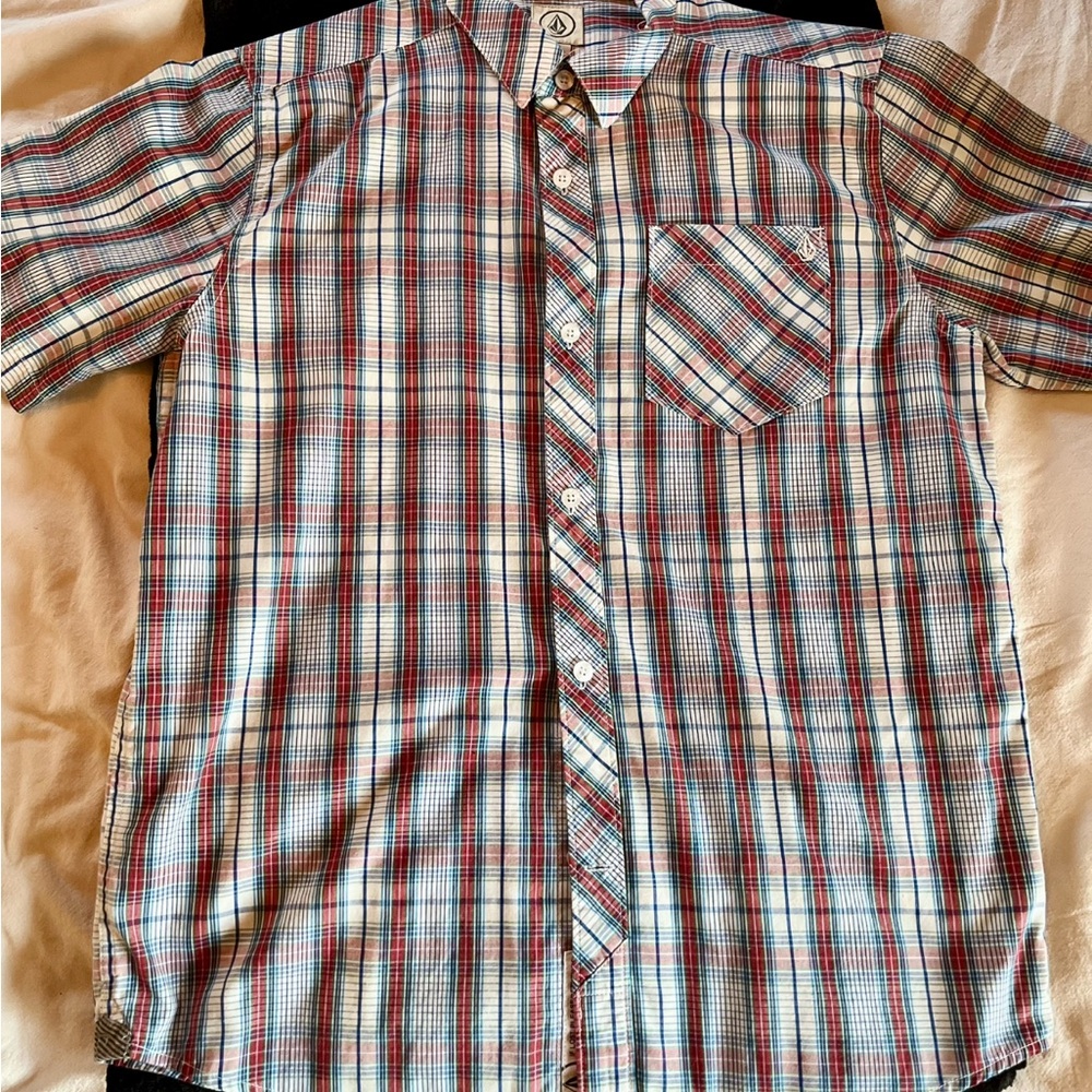 Volcom Boys XL Red and Blue Plaid Shirt